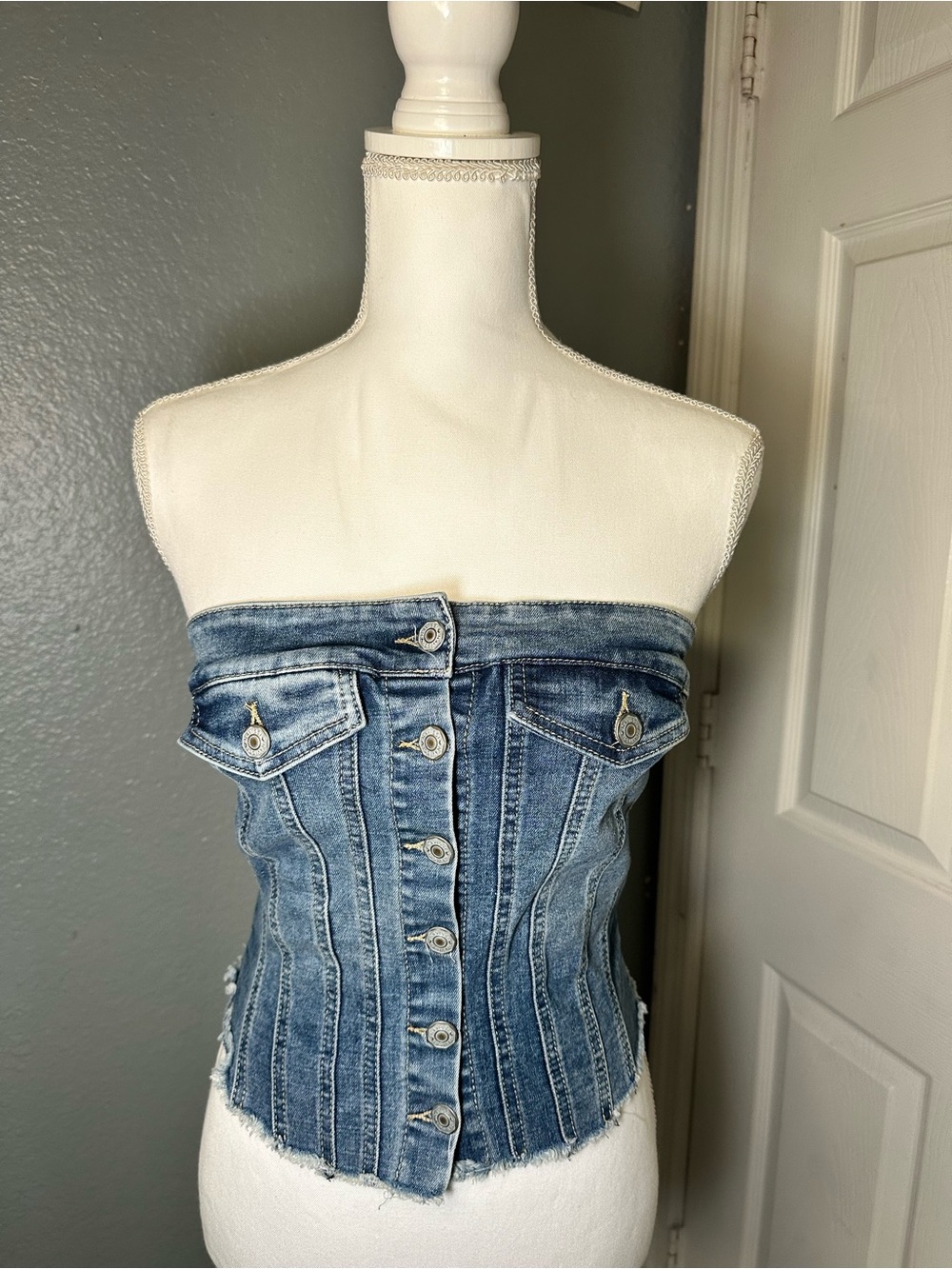 Strapless Button-Front Denim Corset Top